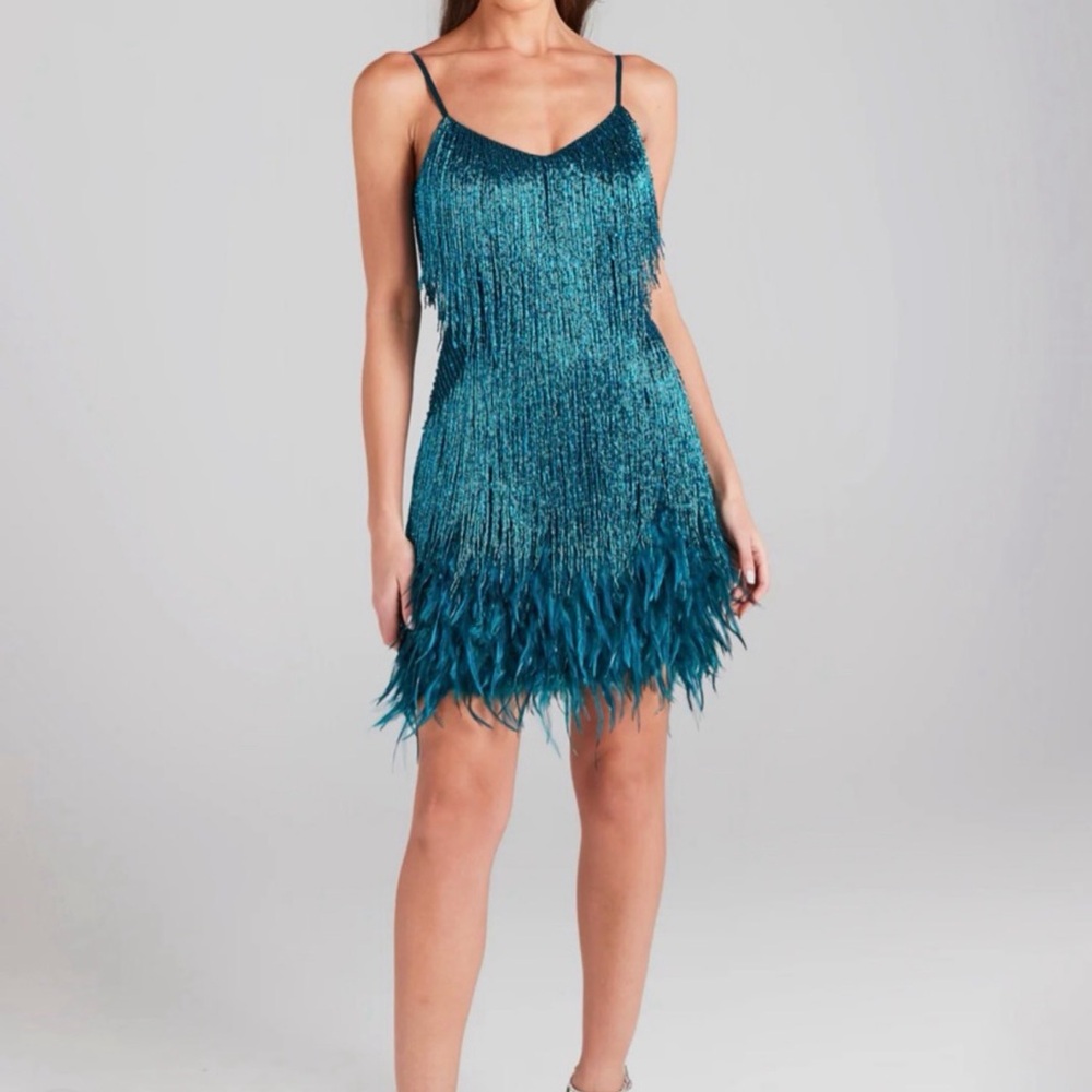 NADINE MERABI Turquoise Fringe Mini Dress